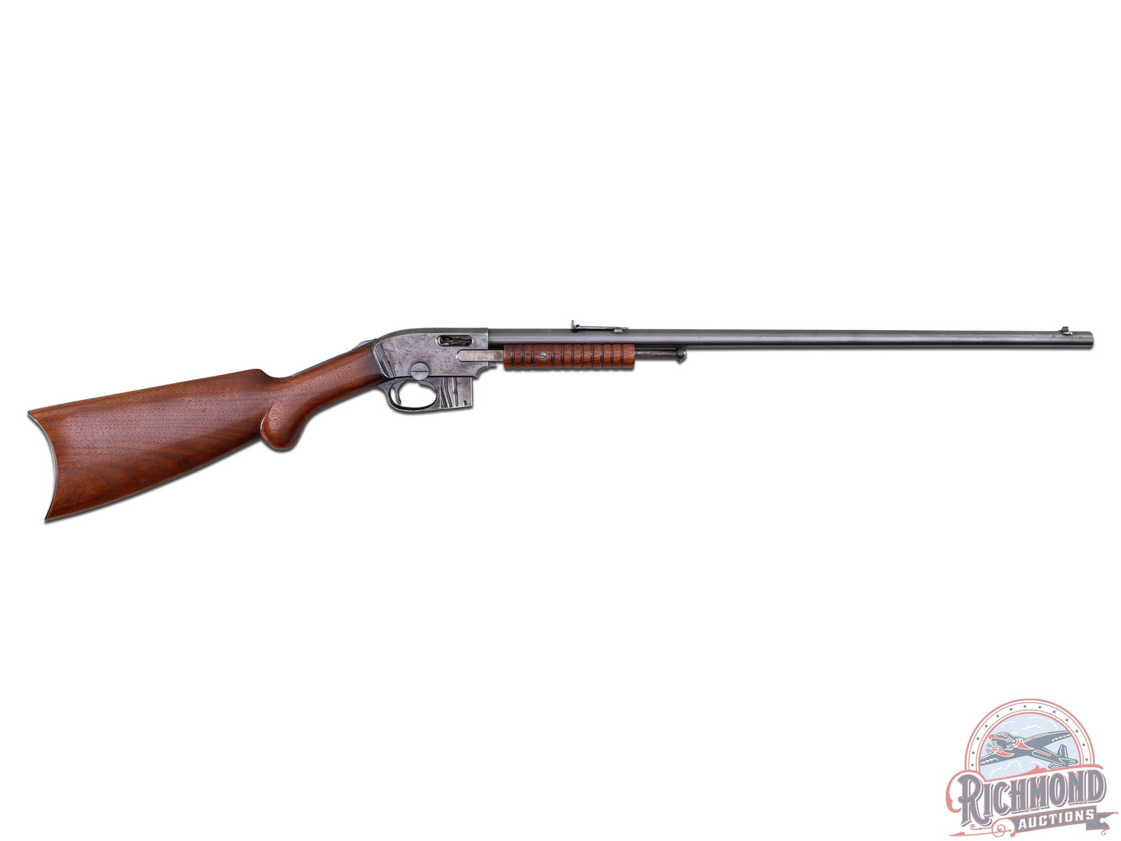 Savage Model 1903 .22 Short / L / LR Pump Action Gallery Rifle: This vintage rifle features a 24" blued barrel with rear notch sight and blade front. Blued receiver with take-down screw and tang mounted manual safety. Walnut wood stock with round knob grip and mat