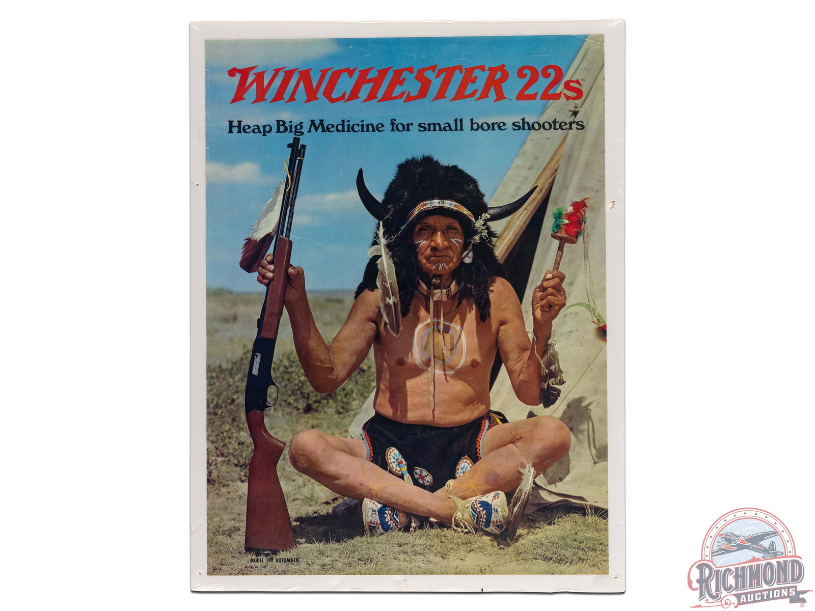 Winchester 22s "Heap Big Medicine for small bore shooters" w/ Model 190 Rifle & Native American: Colorful advertising poster featuring a Native American with a Model 190 Automatic Winchester rifle. Good colors with light age related wear. Shrink-wrapped and secured to foam board. 24" H x 18" W.