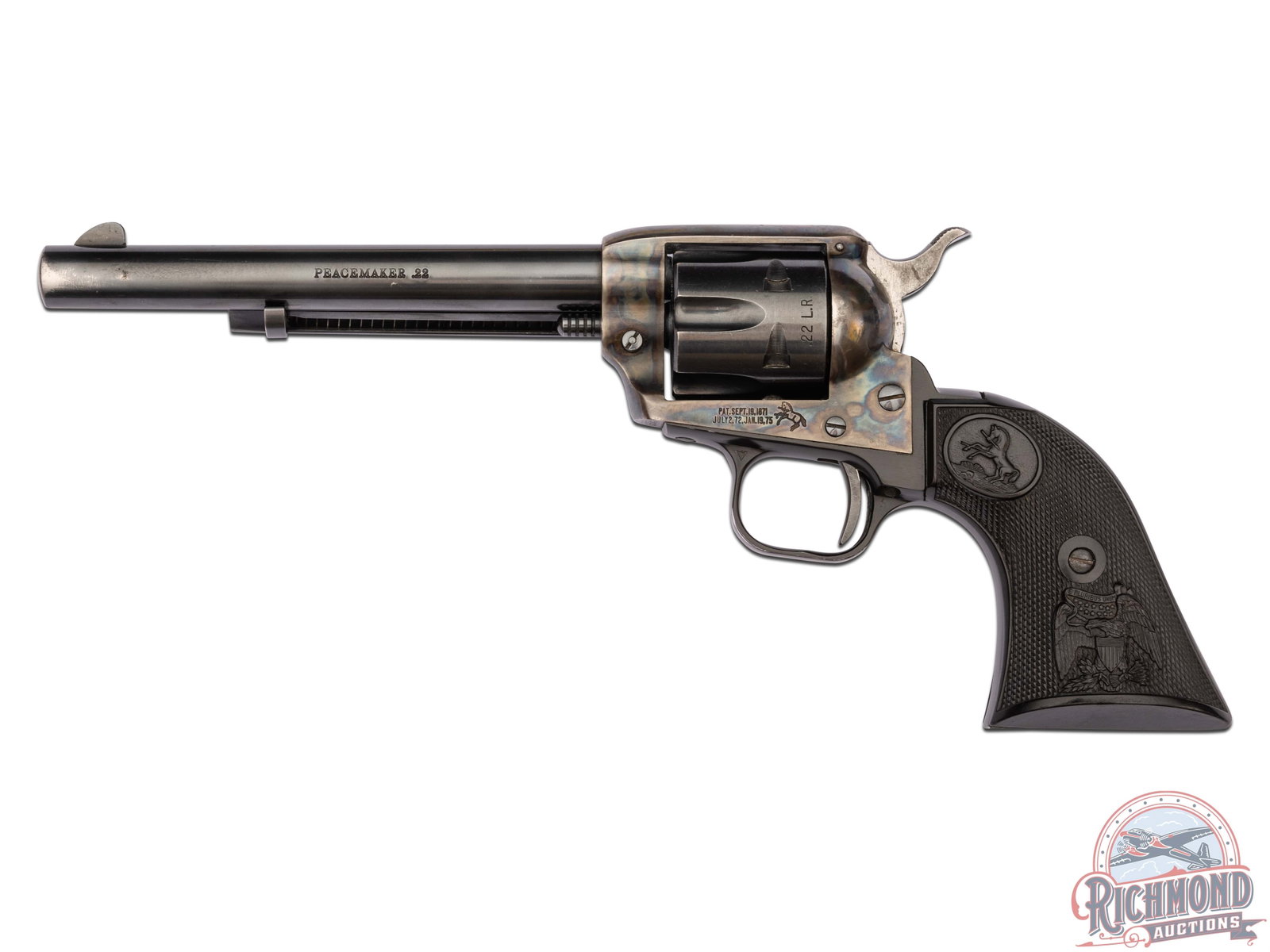 Colt Peacemaker 22 SAA .22 LR Single Action 6" Revolver: This Peacemaker 22 features a 6" blued barrel with blade front sight and integrated rear notch sight. Top of the barrel is stamped with a single Colt address and the left side is stamped with model. C