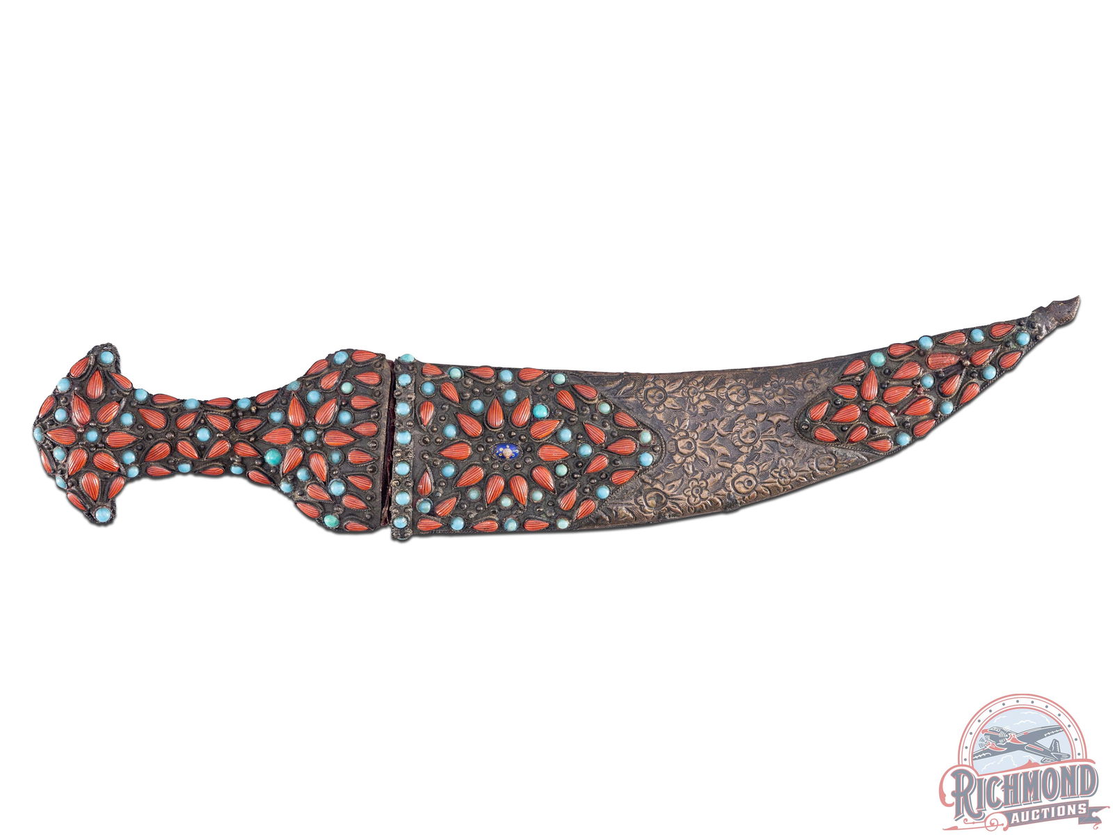 Vintage Omani Jambiya /Khanjar Dagger With Beaded Ornate Sheath: Manufactured in the mid-20th century in the middle east. Features a curved blade with brass wire inlay at the base which could possibly be a makers mark. Handle is brass or copper beaded to match the