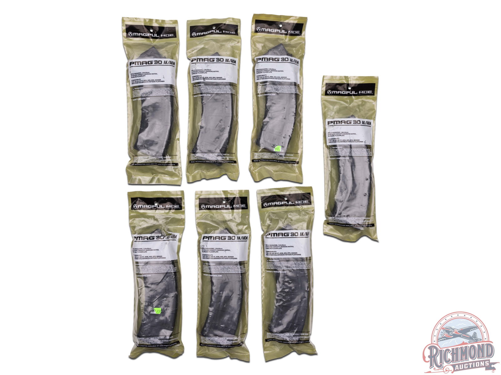 Seven New Magpul PMAG 30 AK/AKM 30 Round Magazines for 7.62x39mm: Each 30 round capacity magazine, Marking Matrix, Slimline floorplate magazine is compatible with the following; AK-47, AKM, AKS, RPK, Sig 556R, and other Kalashnikov-pattern platforms.