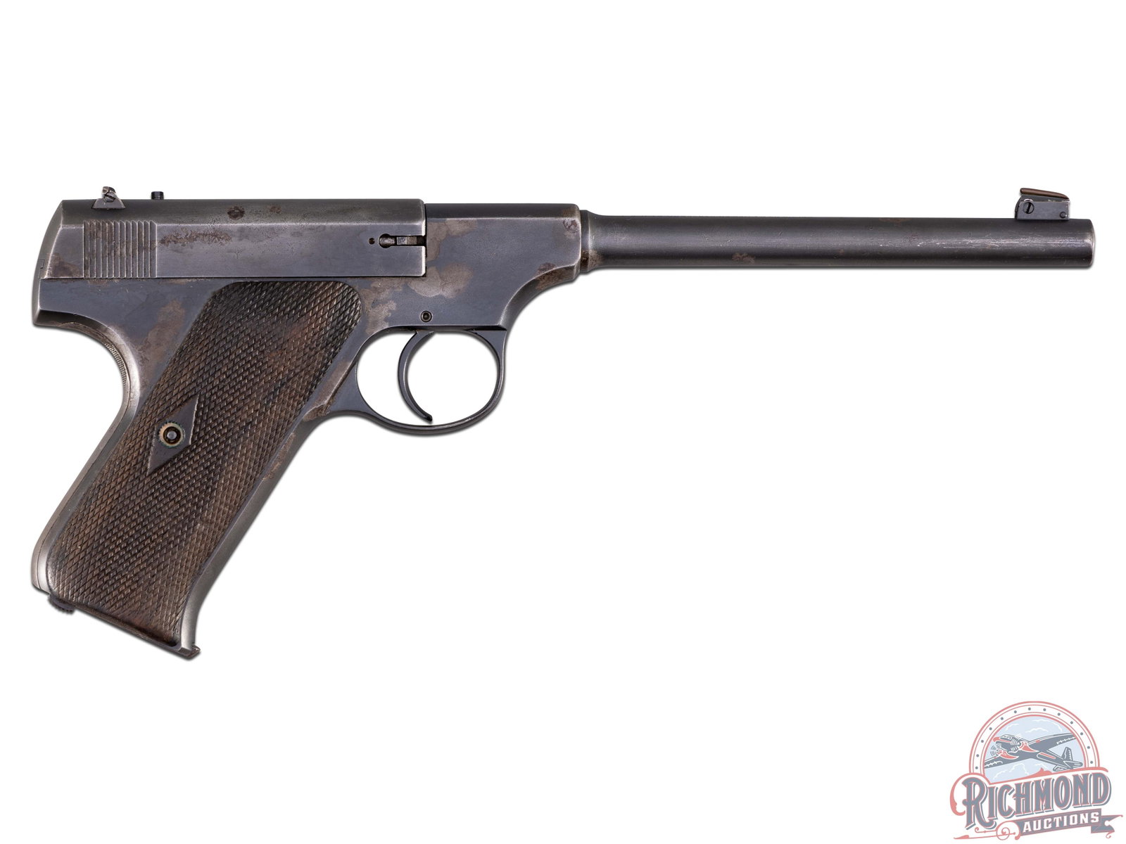 1919 Colt 22 Automatic Target Pistol Pre-Woodsman .22 LR Semi-Auto: Manufactured by Colt in 1919. Features a 6-5/8" pencil barrel, stamped on top in two even lines "COLT'S PF TA MFG CO HARTFORD CY USA/PATENTED DEC 22, 1903 AUG 27 1918 SEPT 3 1918". Left side of the sl
