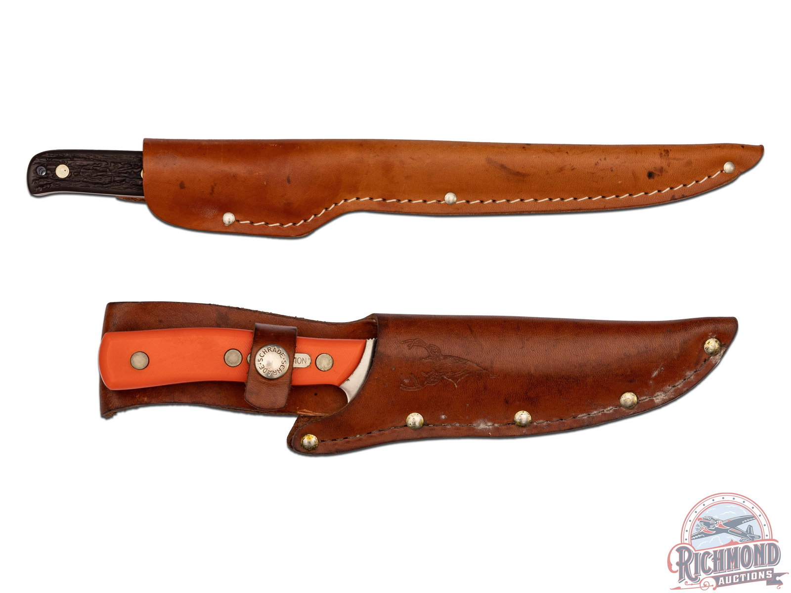 Three Schrade & Uncle Henry Fixed Blade Knives Deerhunter, Limited Edition & Filet: Schrade USA Uncle Henry model 167 filet knife with Delrin jigged handle and three nickel rivets. Measures 12" OAL, with a 7" blade. Includes leather sheath. Schrade USA model 165 "Deerhunter" fixed bl