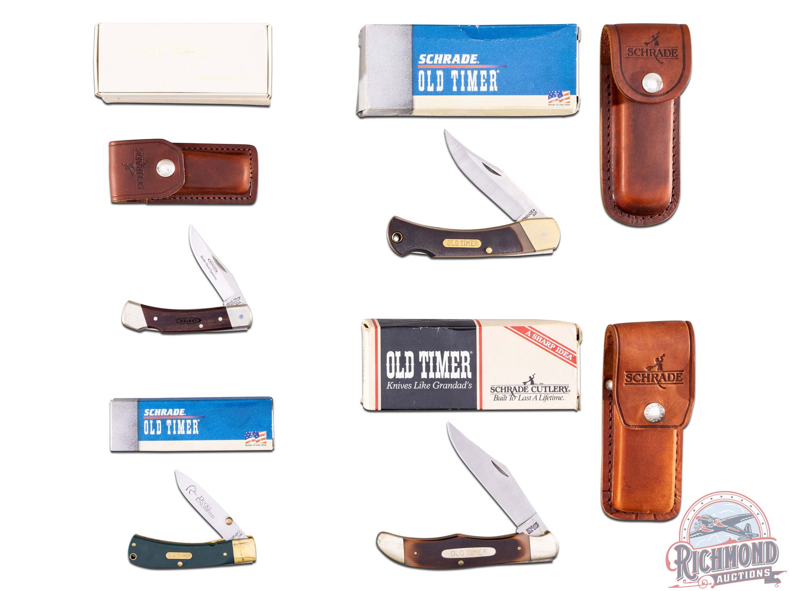 Four Schrade Old Timer & Uncle Henry Folder Knives in Original Boxes: Schrade LB-5 lockback folder knife with leather sheath. Wood handle engraved "Lester" with nickel bolsters, rivets and liners. Measures 6-1/2" OAL, 3" blade, and 4" closed length. Old Timer Ducks Unli