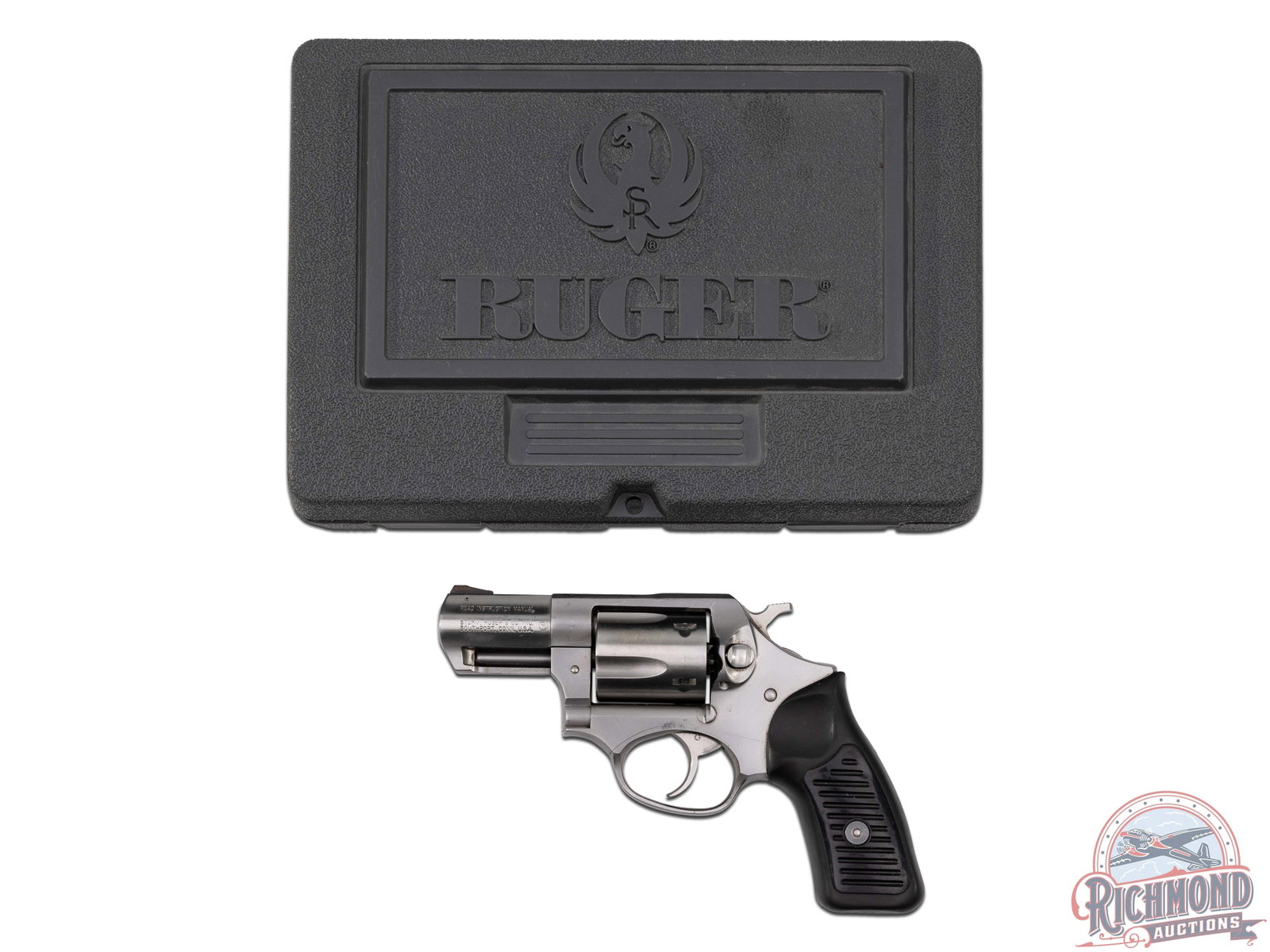Ruger Snub Nose SP101 .38 SPL / 357 Magnum Double Action Revolver in Original Case: This double / single action revolver features a snub nose, 2-1/4" barrel with full length ejector shroud. Rear integrated notch sight and ramp front blade. Stainless steel finish throughout with a 5 r
