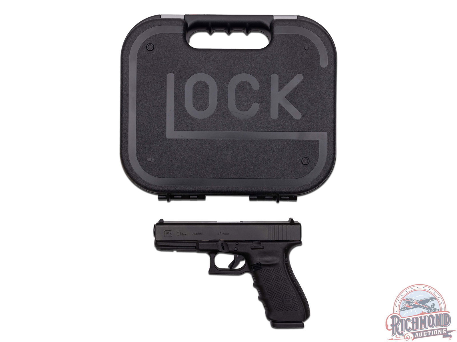 Like New Glock 21 GEN 4 .45 ACP Semi-Auto Pistol: The GLOCK 21, GEN 4 pistol features a 4.61" barrel with a slotted and accurately balanced slide. Factory Glock "ball in the bucket" sights. GEN 4 black frame with accessory rail for laser or light, fi