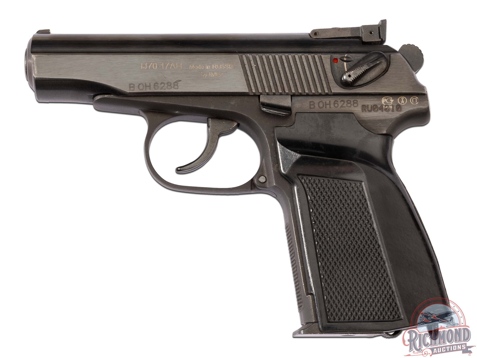 Russian IMEZ Model IJ70-18AH .380 ACP Semi-Auto Pistol: Manufactured circa 1980's in Russia. This pistol features a 3-3/4" barrel with a polished and matte blue finish. Rear adjustable notch sight and white dot front. Double / single action with manual thu