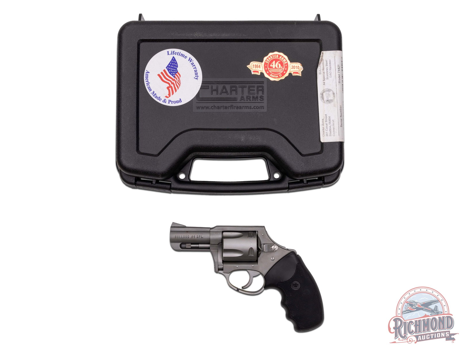 Like New Charter Arms Bulldog .44 Special Double Action Revolver: This double action revolver features a 2-1/2" barrel with integrated notch rear sight and ramped front. Satin stainless finish with a 5-round swing-out cylinder and shrouded ejector rod. Chambered for