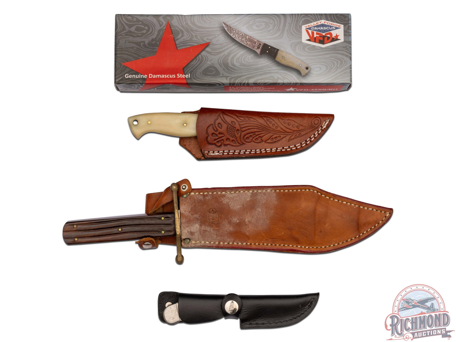 Three Fixed Blades Knives Includes Kabar J.Bowie 1210: Kabar model 1210 "J.Bowie" clip point blade, double sided brass hilt, and Rosewood handles. Measures 13-1/2" OAL with an 8" blade. Includes original leather sheath. One Valley Forge fixed blade with a