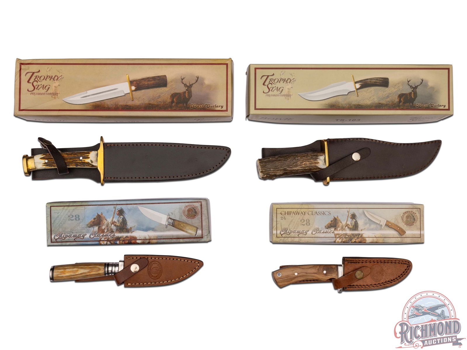 Two Frost Cutlery Trophy Stag Bowie Knives & Two Chipaway Classics Hunting Knives: All four are new in the original boxes with leather sheaths. Two Trophy Stags J420. One model TS-103 bowie with double sided brass hilt. Measures 12" OAL with a 6-1/2" blade and large stag handle. One