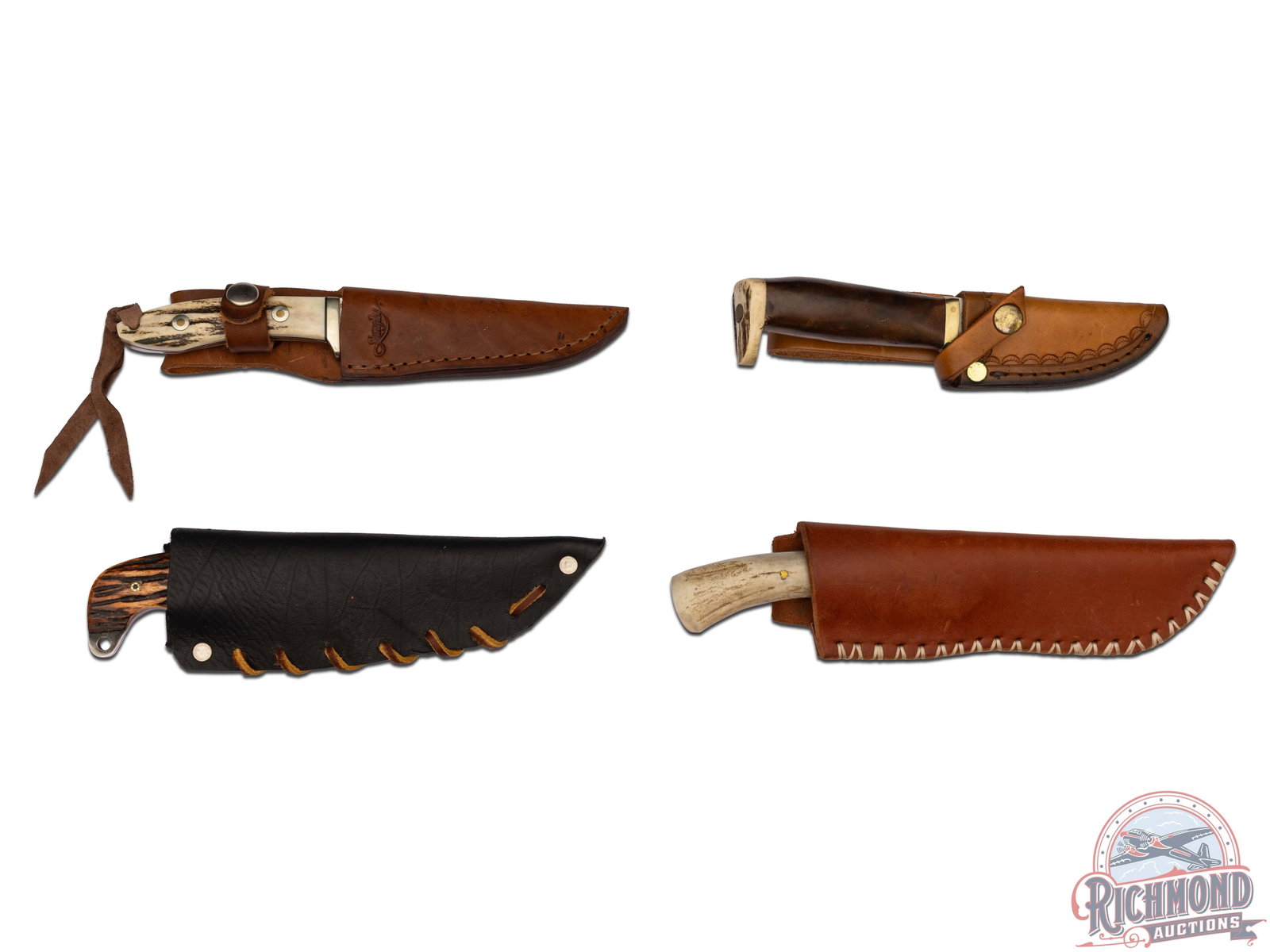 Four Assorted Fixed Blade Knives with Leather Sheaths: R&A drop point with jigged bone handle and lanyard loop. Measures 9" OAL with 4-1/2" blade. Includes black leather sheath. Jungles AUS-8 straight back blade with stag handle and lanyard loop. Includes