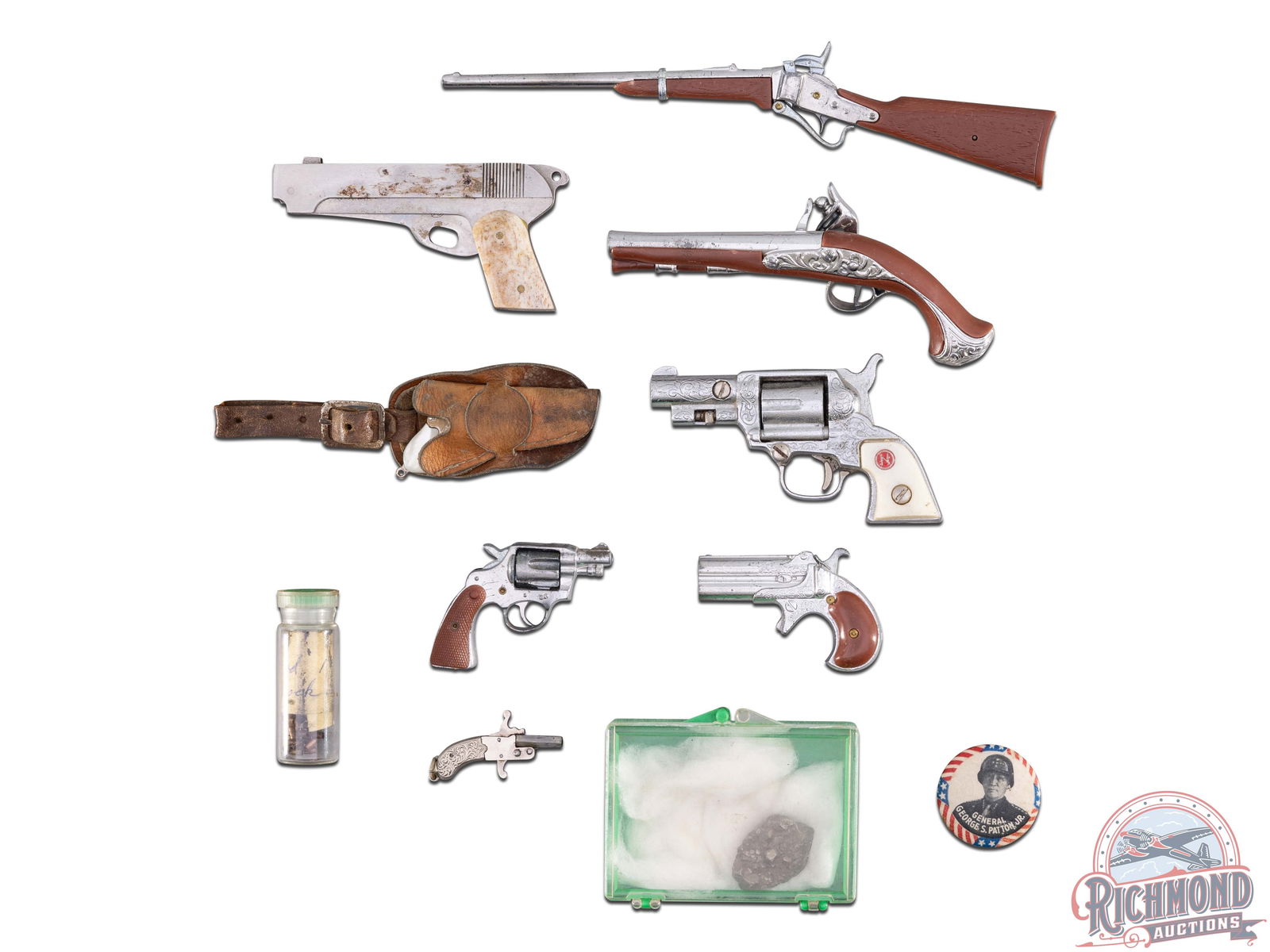 Lot Assorted Vintage Snap Cap Toy Pistols, General Patton's Folder Knife & Button: This lot includes an assorted of vintage cap gun toys in various styles, a General Patton button, a Parker Cutlery General Patton's Army edition folder knife shaped like a pistol with bone grips and a