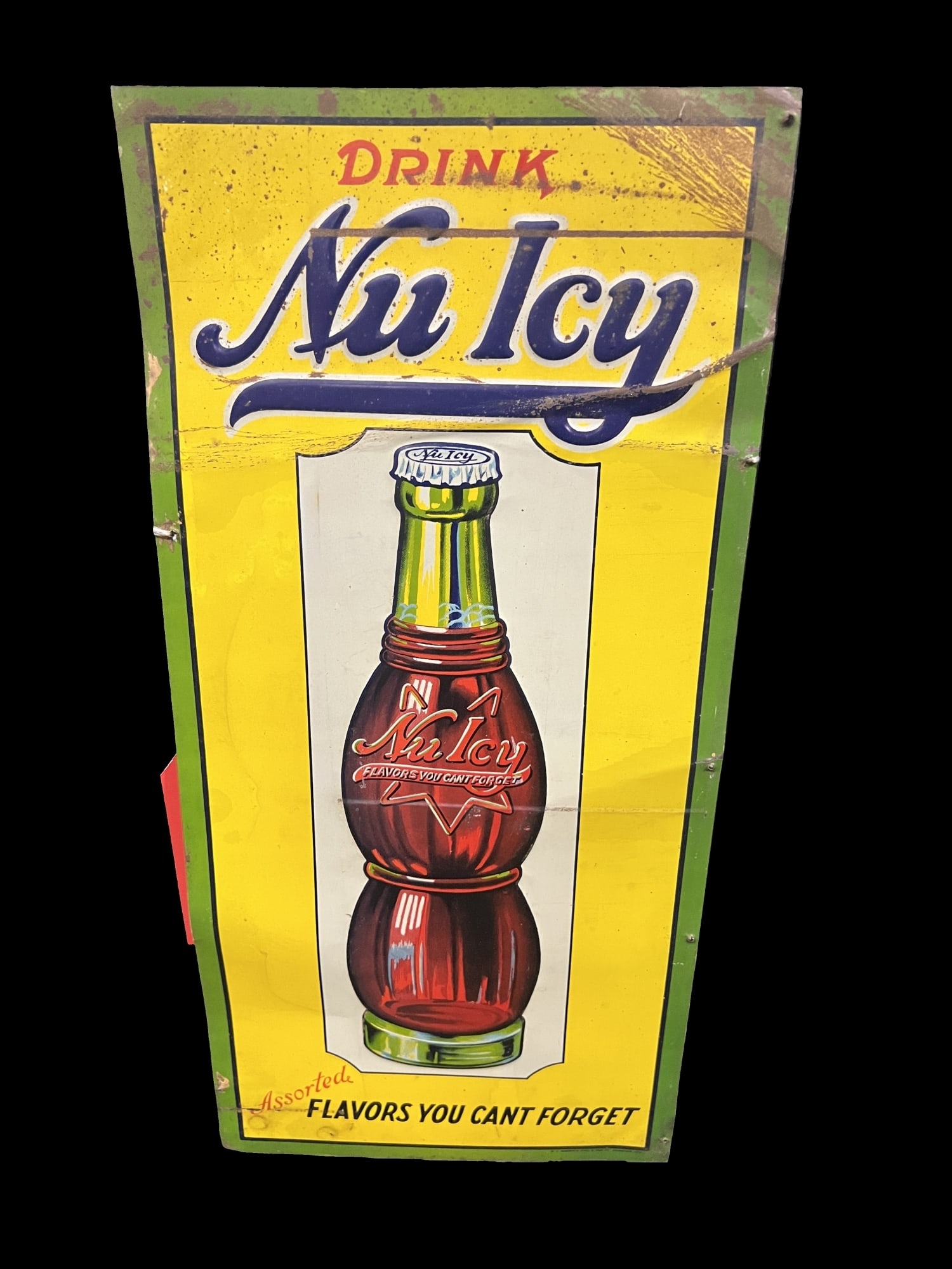 Drink Nu Icy Flavors You Can't Forget Tin Metal Soda Sign: Has wear on top 25% of sign. A crease in the middle. 7.0.