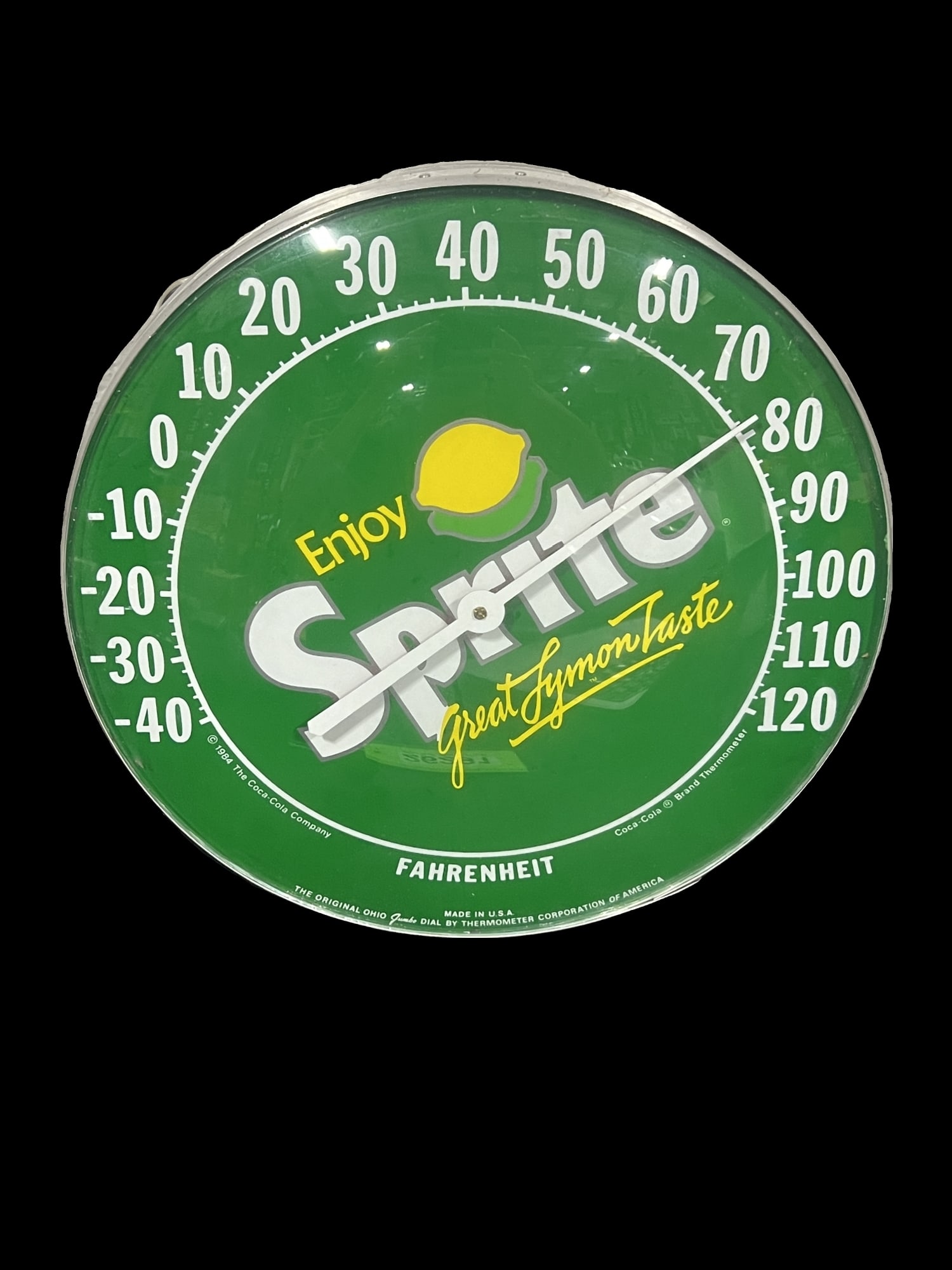 Enjoy Sprite Soda Country Store Thermometer: Functioning Jumbo dial by thermometer corporation.
