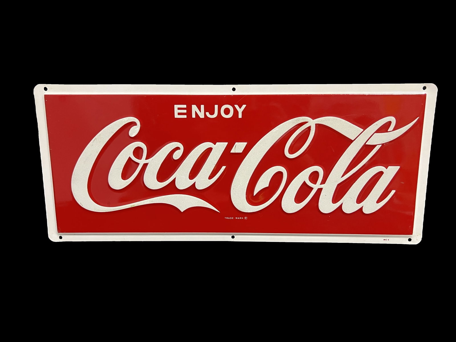 Coca Cola Coke Tin Metal Soda Sign: Marked AM 2 8 in lower right corner. Excellent condition with very minor shelf wear present. 8.75.