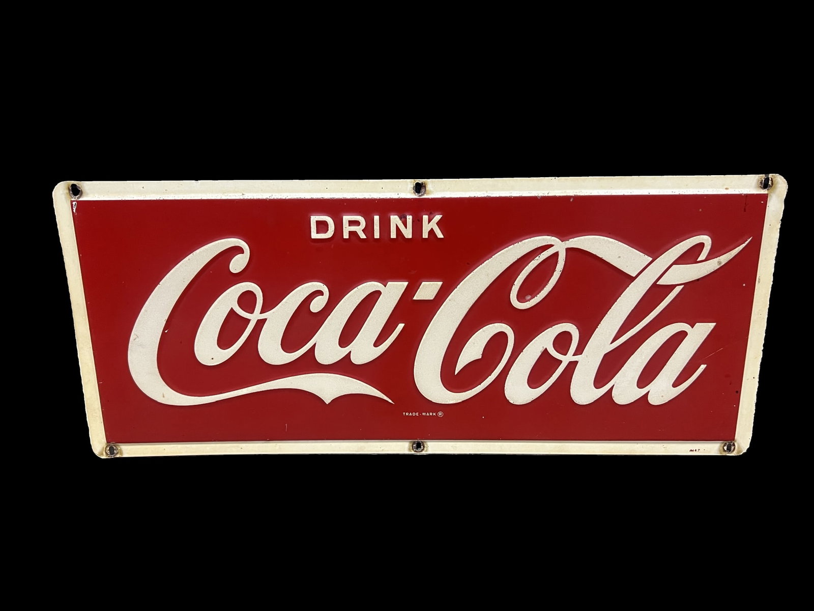 Drink Coca Cola Coke Tin Metal Soda Sign: Marked AM 47 in lower right. Staining and fading throughout. 8.0.