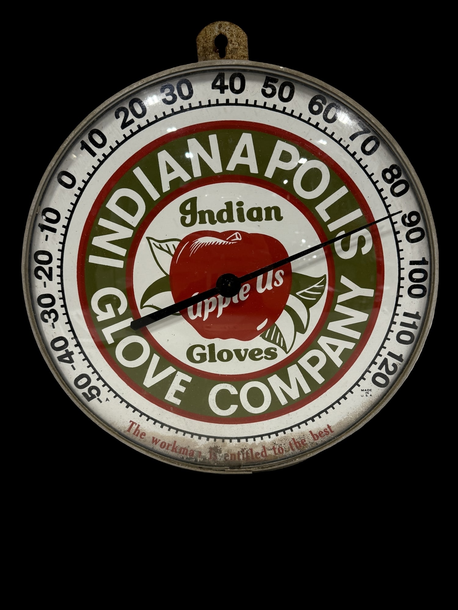 Indianapolis Glove Company Indian Apple Us Gloves: Paint loss at bottom, reads high on temperature.
