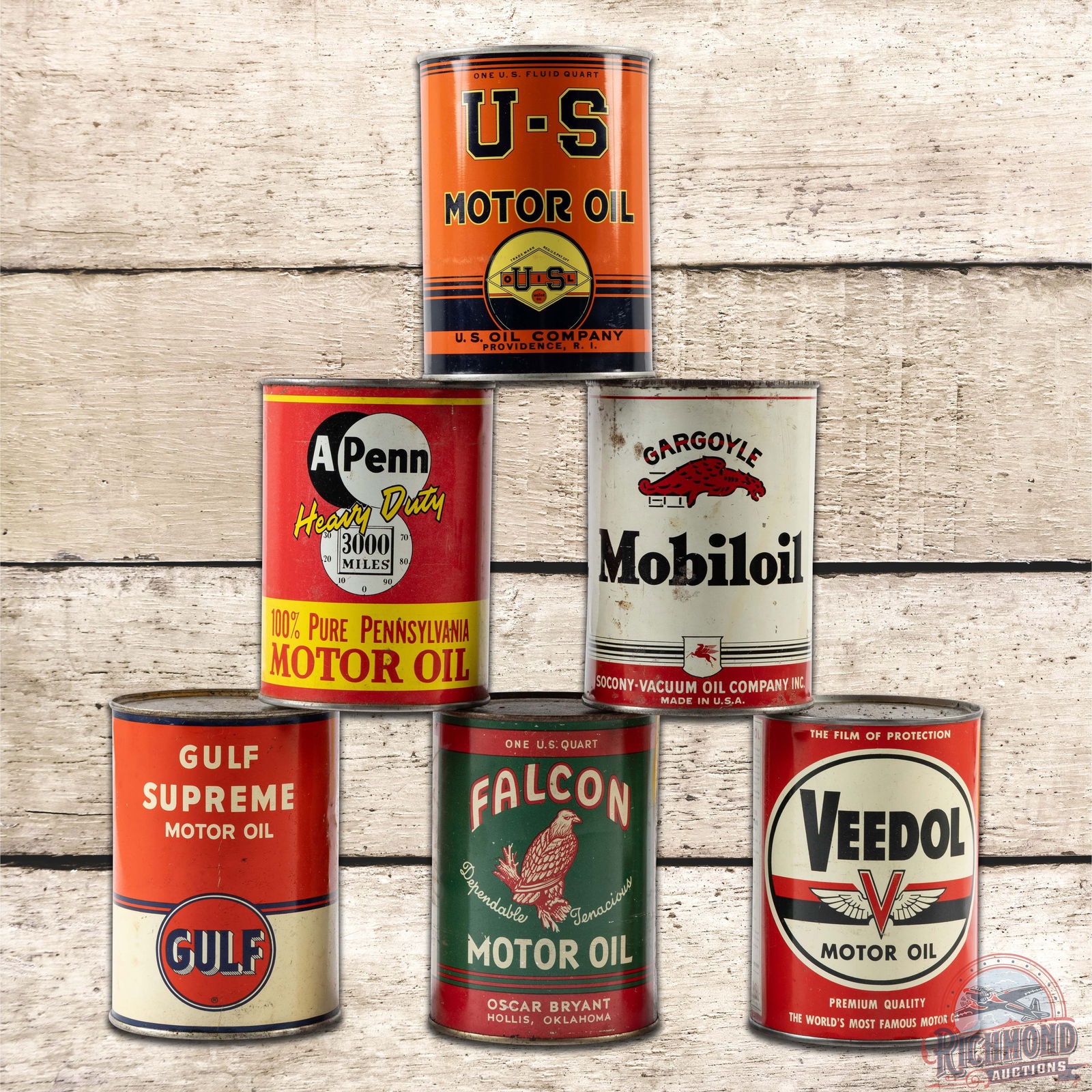 Group of 6 Metal Motor Oil Quart Cans U.S. Gulf Gargoyle Veedol & More (1 of 4)