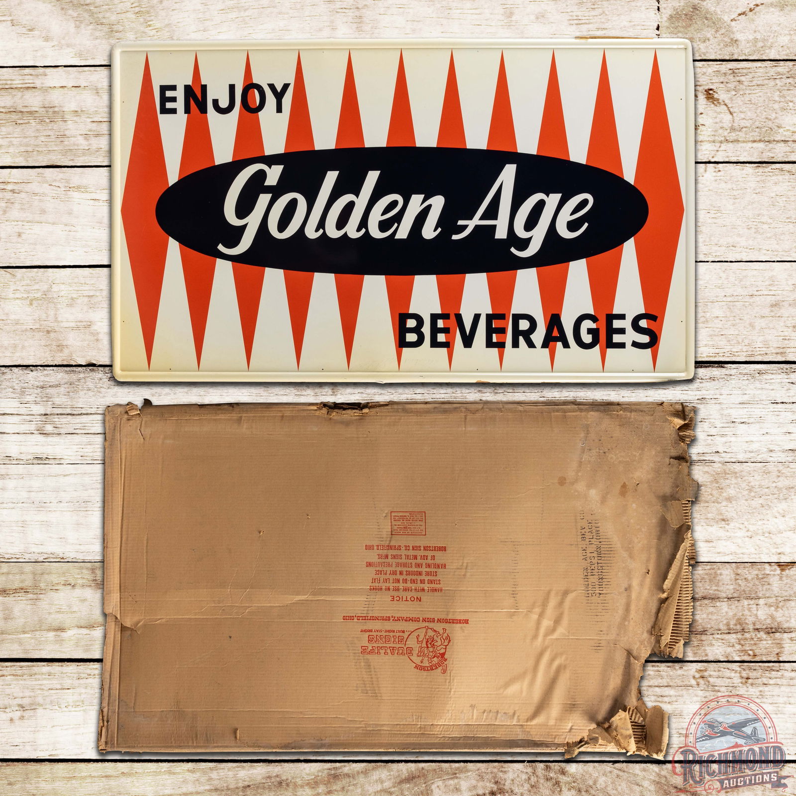 NOS Enjoy Golden Age Beverages Single Sided Tin Sign w/ Original Box (1 of 5)