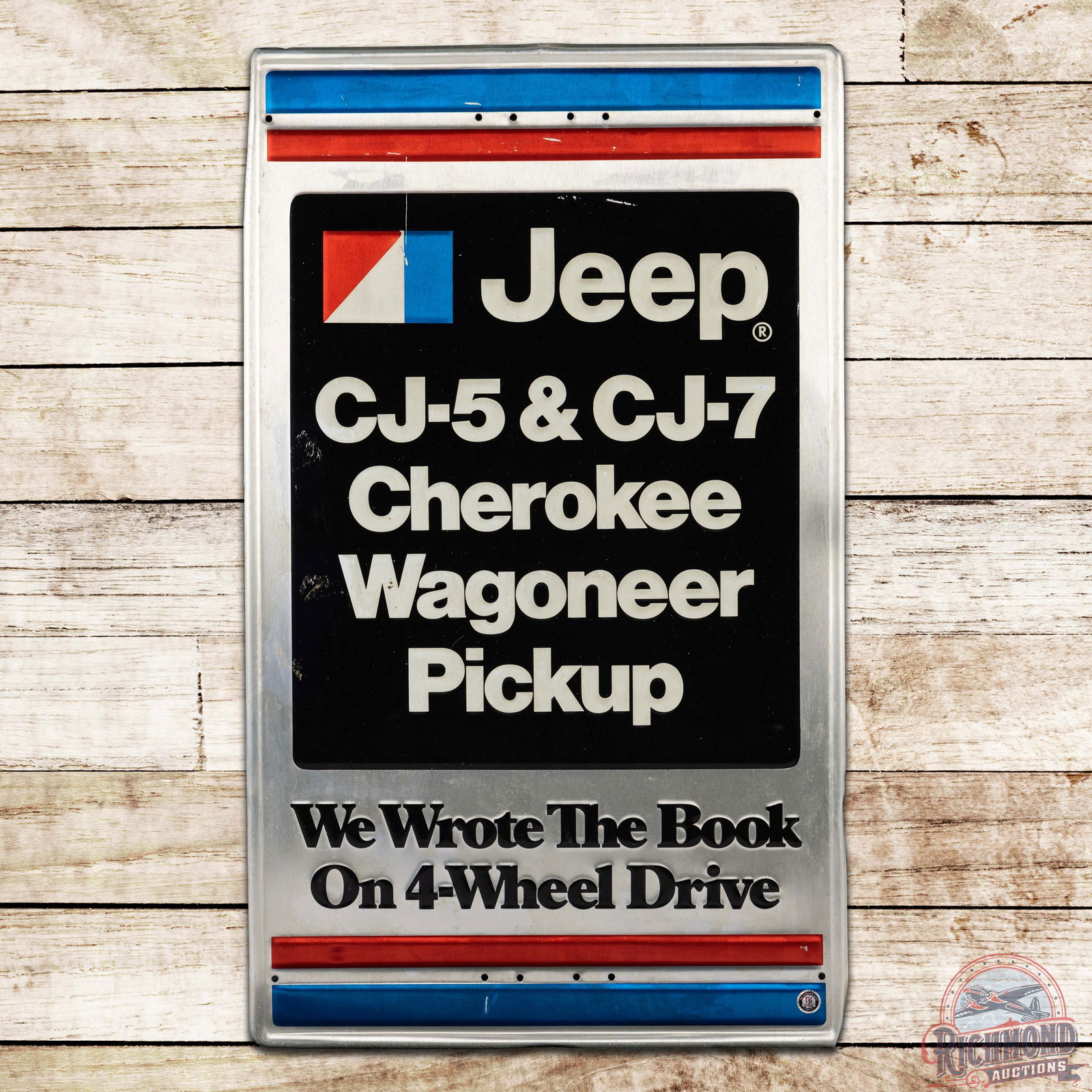 Jeep CJ-5 CJ-7 "We Wrote the Book on 4-Wheel Drive" Emb. Single Sided Tin Logo Sign (1 of 3)