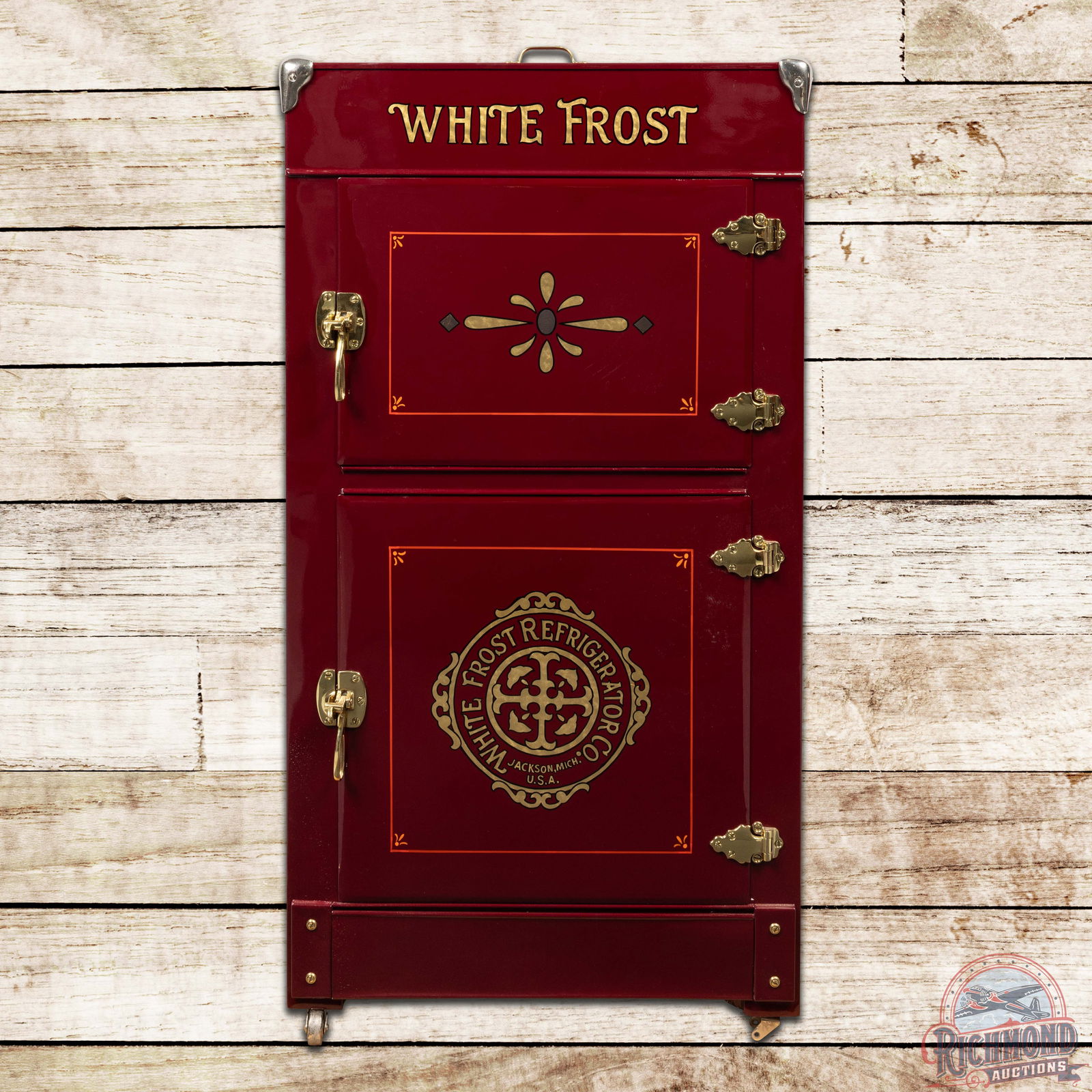 Ice Box White Frost Refrigerator Restored: Professionally restored to White Frost early steel ice box. The unit features vibrant paint with detailed pinstriping, gold leaf and accents. The brass and chrome trim pieces has been polished with th