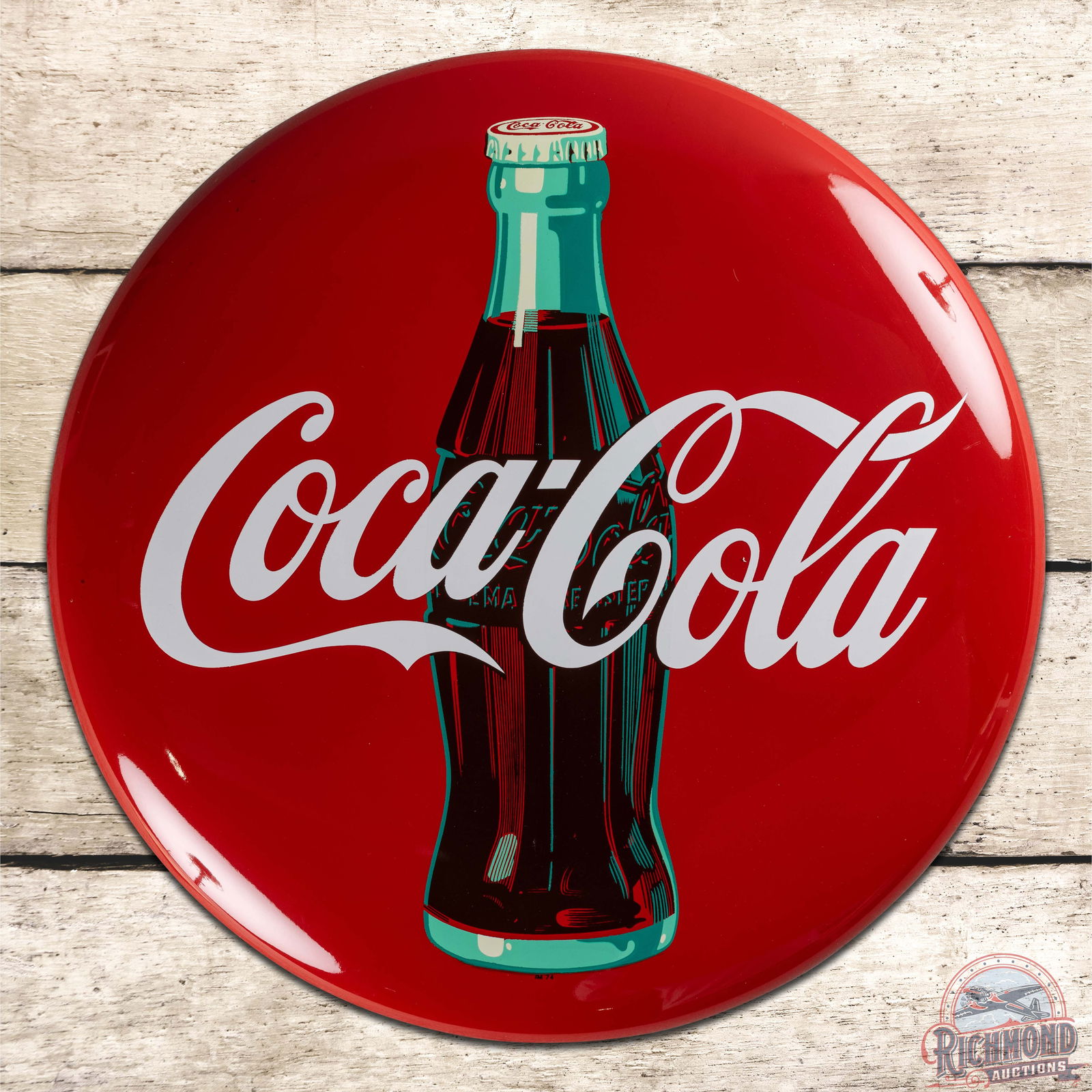 Superb Coca-Cola 24" Single Sided Tin Button Sign w/ Bottle Logo: SST (single sided tin) Coke button sign has excellent color and shine. The field is clean with a few minor imperfections in the outer fields and perimeter. Marked AM 74 below the bottle graphic. Overa