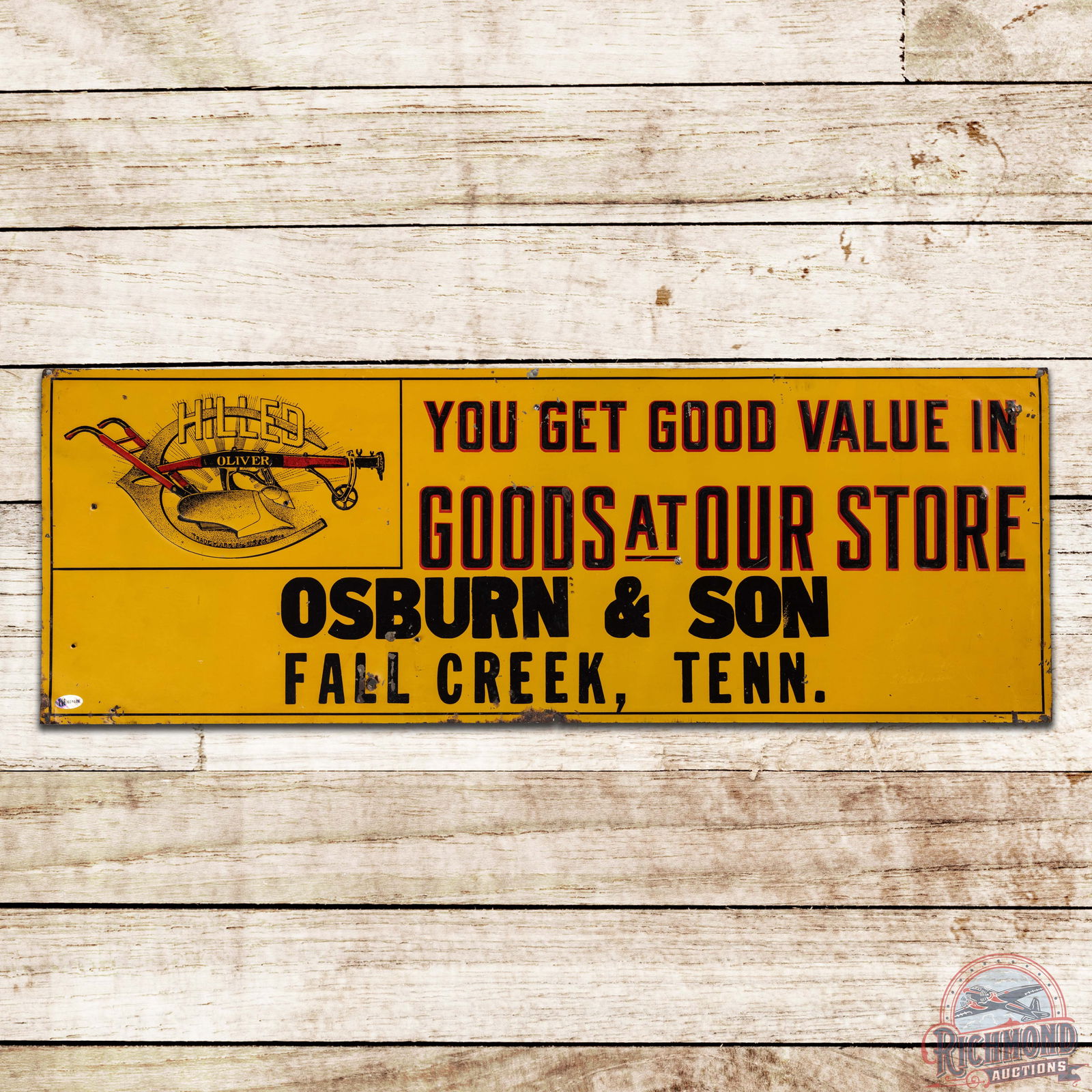 Oliver Chilled Plows Osborn & Son Fall Creek Tenn Emb. Single Sided Tin Sign (1 of 3)