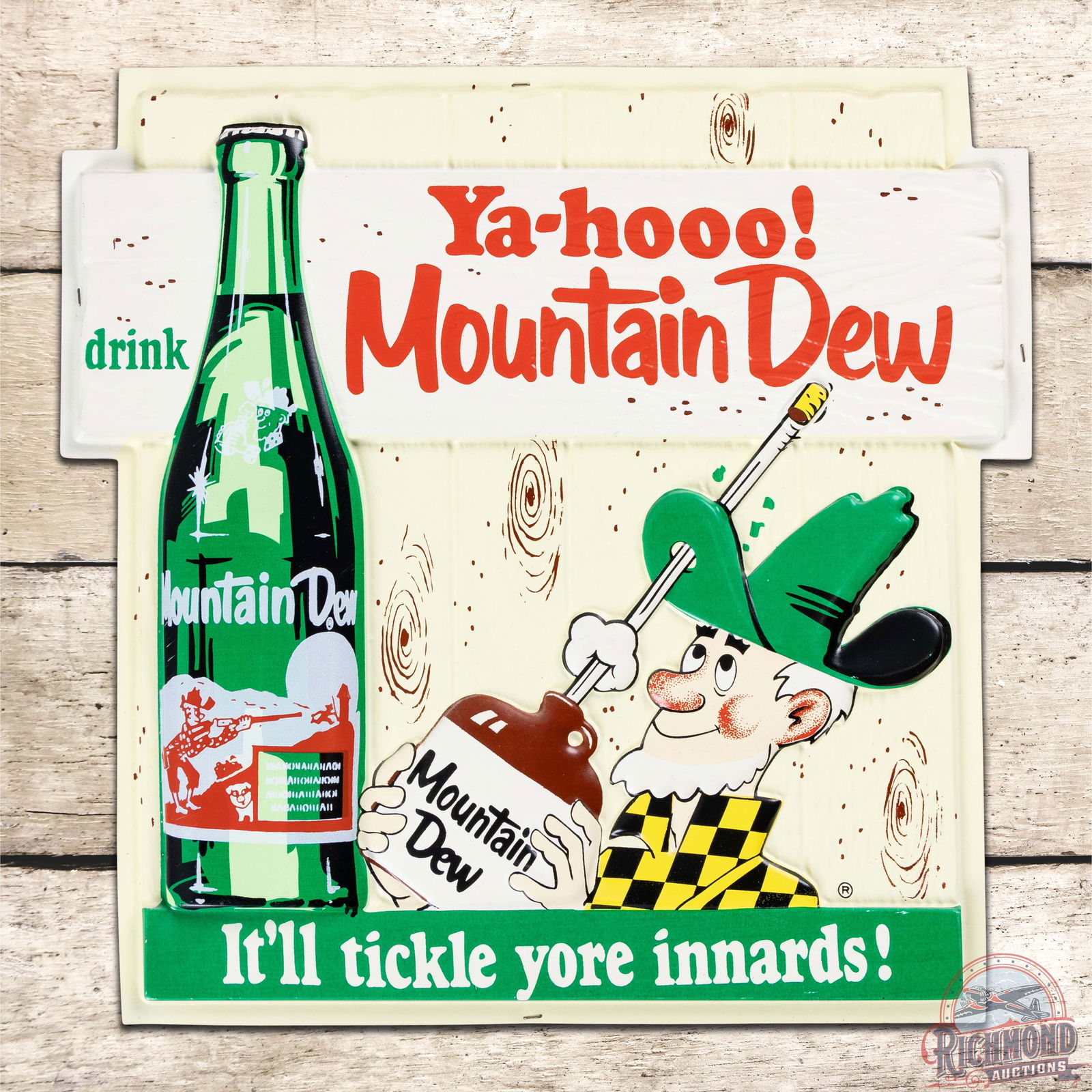 Exceptional NOS Ya-hooo! Drink Mountain Dew Emb. Plastic Sign w/ Hillbilly & Bottle: Amazing NOS (new old stock) embossed vacuform plastic sign with cardboard reverse has day one color and shine. The field and perimeter are both extremely clean with minor imperfections along the outer