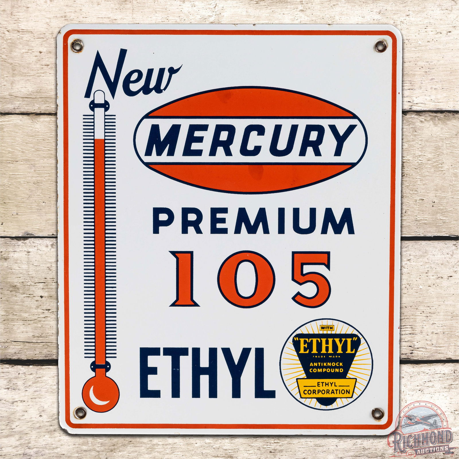 Scarce New Mercury Premium 105 Ethyl Gasoline Single Sided Porcelain Pump Plate Sign w/ Logo (1 of 3)