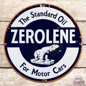 Zerolene The Standard Oil for Motor Cars 24" Single Sided Porcelain Sign w/ Polar Bear