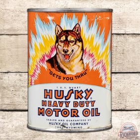 Rare Orange Husky Heavy Duty Motor Oil FULL 1 Quart Metal Can w/ Dog & Northern Lights Cody Wyoming