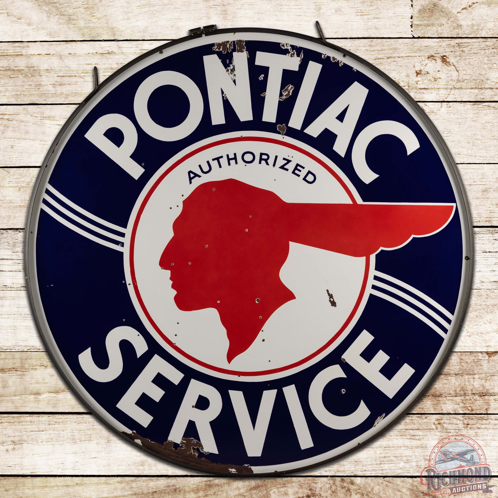 Pontiac Authorized Service 60" Double Sided Porcelain Sign w/ Ring "Full Feather w/ Lines": Rare DSP (double sided porcelain) sign has excellent color and gloss. The display field has light wear with small color matched chips in the fields. The perimeter has larger chips with crazing which h