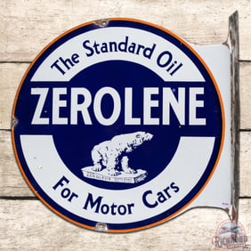 Zerolene The Standard Oil for Motor Cars Double Sided Porcelain Flange Sign w/ Polar Bear