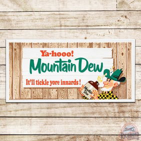 Amazing 1965 Ya-Hooo! Mountain Dew Emb. 3' Single Sided Tin Sign w/ Hillbilly