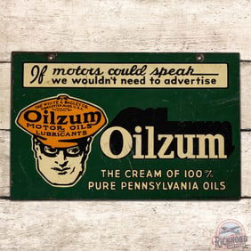 1940 Oilzum "If Motors Could Speak" 100% Pure Pennsylvania Oils Double Sided Tin Sign w/ Oswald