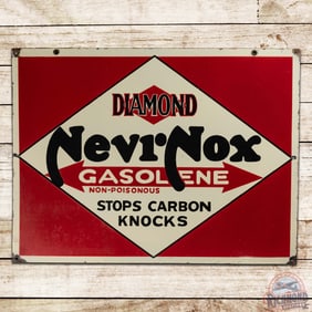 Early Diamond D-X NevrNox Gasolene "Stops Carbon Knocks" Double Sided Porcelain Sign w/ Logo