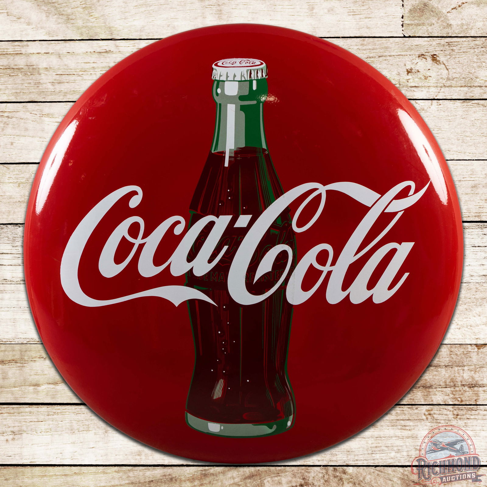 Coca-Cola 48" Single Sided Porcelain Button Sign w/ Bottle: SSP (single sided porcelain) button has excellent color and gloss. The field features a large Coke bottle with light marks, small areas of cloudiness int he upper field and minor factory imperfections
