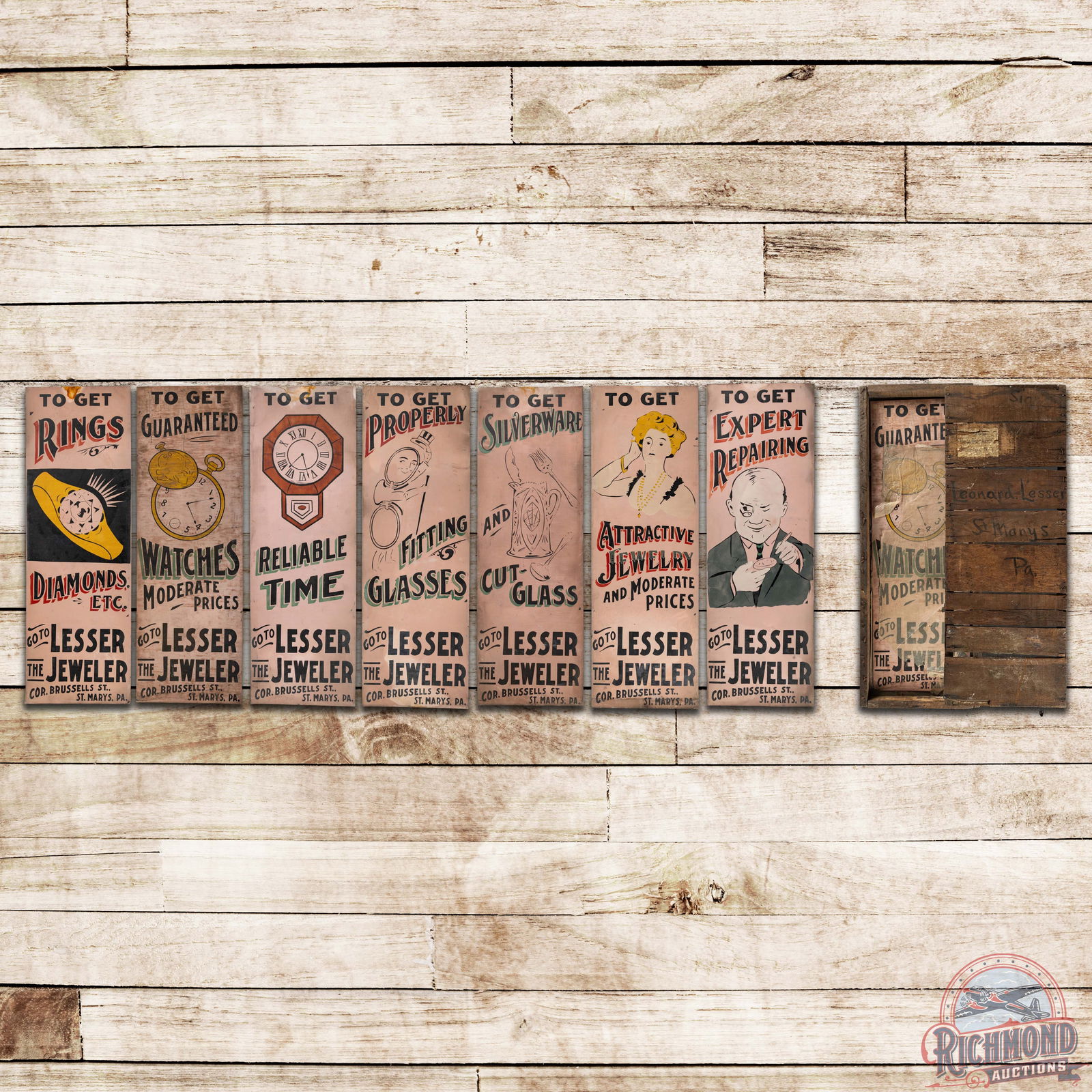 7 NOS Lesser Jeweler Watch Clock National Sign Co SS Tin Signs w/ Original Crate St. Mary's PA (1 of 14)