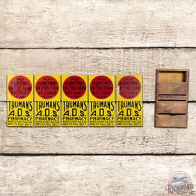 5 NOS Ithaca No Hunting on This Farm Truman's A.D.S. Pharmacy Signs w/ Original Wooden Crate