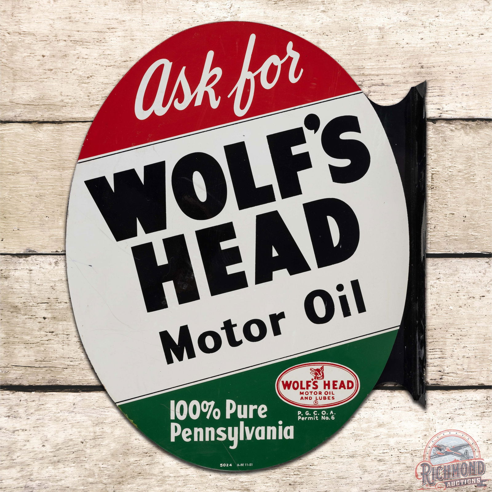 Superb 1951 Ask for Wolf's Head Motor Oil Double Sided Tin Flange Sign w/ Logo (1 of 4)