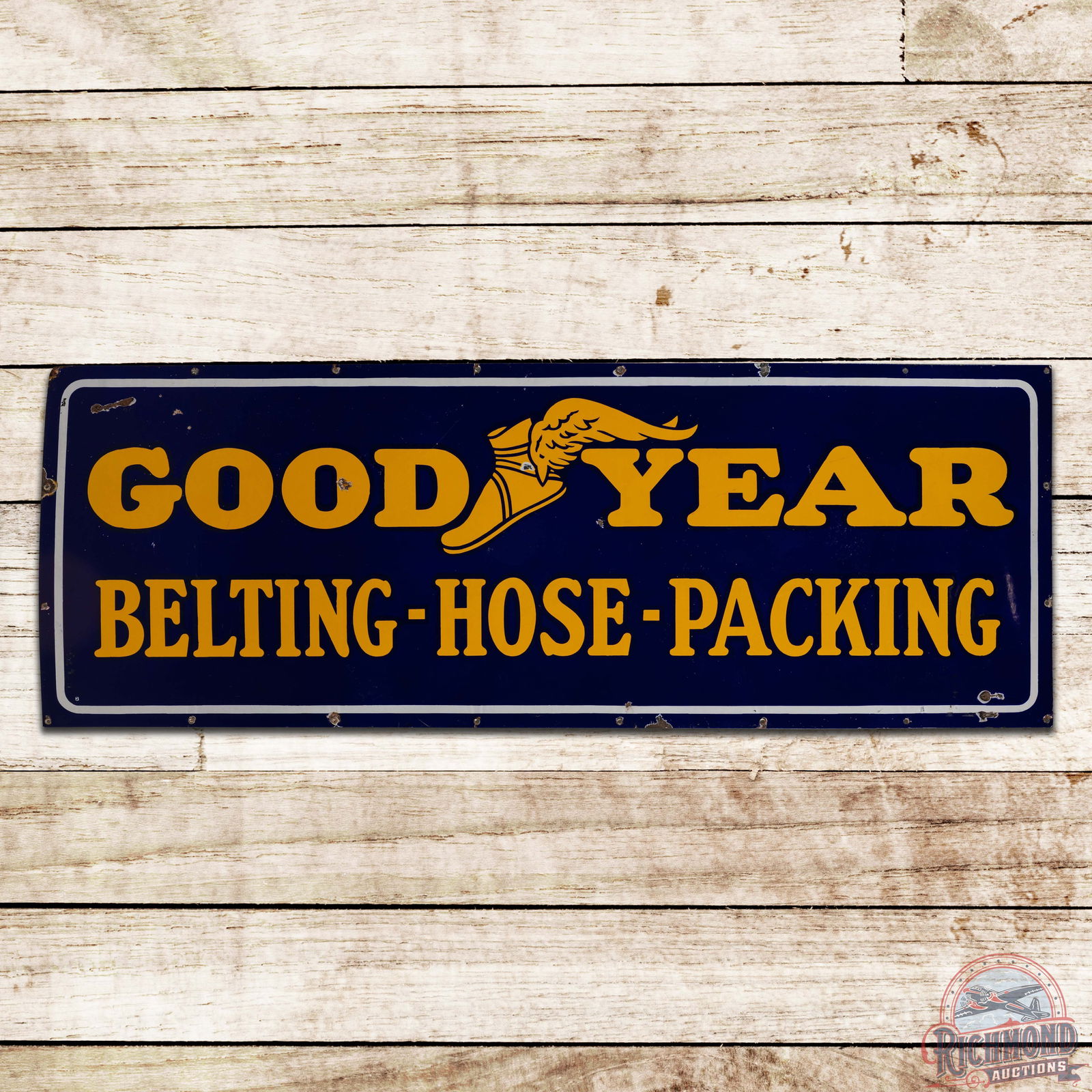Goodyear Tires Belting Hose Packing Single Sided Porcelain Sign w/ Wingfoot Logo (1 of 3)