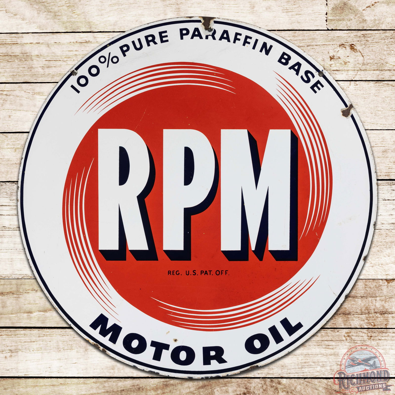RPM 100% Pure Paraffin Base Motor Oil 28" Double Sided Porcelain Sign (1 of 3)