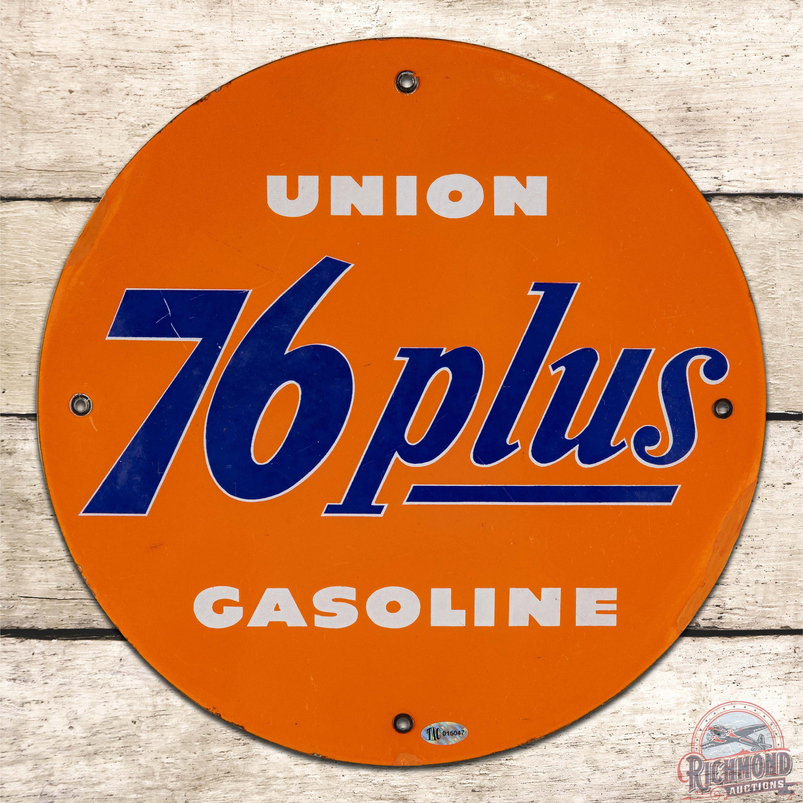 Union 76 Plus Gasoline Single Sided Porcelain Pump Plate Sign: SSP (single sided porcelain) sign has very good color. The field has light wear with lower gloss to the blue lettering. The perimeter has touch ups at the 4, 6, and 10 o'clock edges. All four factory