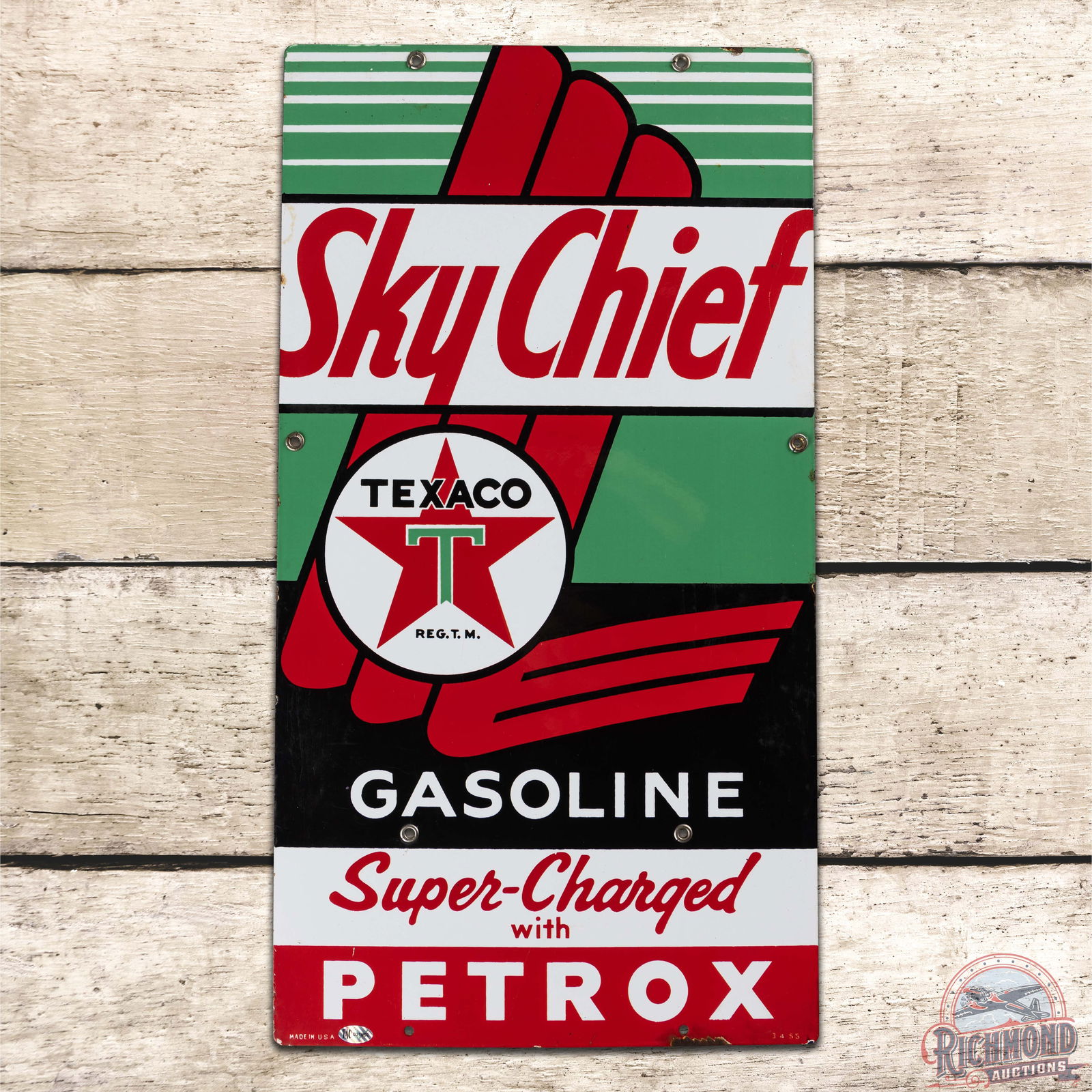 Texaco Sky Chief Supercharged with Petrox Single Sided Porcelain Pump Plate Sign "Large" (1 of 3)