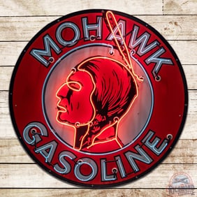 Exceptional Mohawk Gasoline 4' Single Sided Porcelain Neon Sign w/ Native American