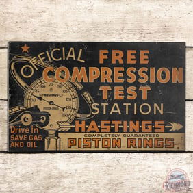 Hastings Piston Rings Compression Test Station Double Sided Tin Flange Sign w/ Automobile & Arrow