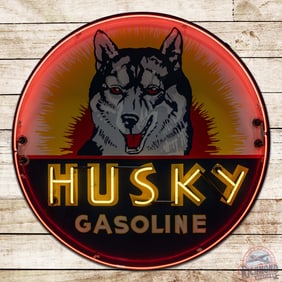 Scarce Husky Gasoline 48" Factory Single Sided Porcelain Neon Sign w/ Northern Lights
