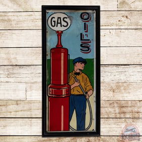 Early Ithaca Hand Painted Single Sided Tin Sign w/ Gas Pump & Attendant
