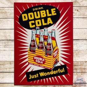 NOS Drink Double Cola "Just Wonderful" Emb. Single Sided Tin Sign w/ 6 Pack & Paper