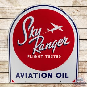 Exceptional Sky Ranger "Flight Tested" Aviation Oil Double Sided Porcelain Tombstone Sign w/ Plane
